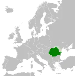 The Socialist Republic of Romania in 1989 in dark green; Bessarabia and Northern Bukovina, claimed between November and December 1989 but not controlled, in light green