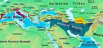 A map centered on the Mediterranean and Middle East showing the extent of the Roman Republic (Purple), Selucid Empire (Blue), and Parthia (Yellow) around 200 BC.