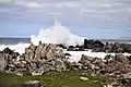 Surf causing high breaking waves at the coastal rocks