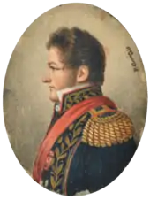 "Half length painted portrait of a man with curly auburn hair and sideburns facing left and wearing an elaborate military tunic embroidered in gold with heavy epaulettes, high embroidered collar and a red sash."