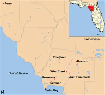 A color digital map showing the location of Rosewood in relation to other towns involved in the massacre