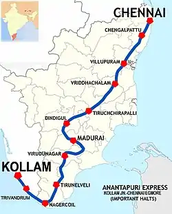 Anantapuri Express (Trivandrum-Chennai) Route map