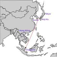 Map of Southeast Asia and East Asia between Singapore and Japan showing the approximate route of the Completion Force as described in the article