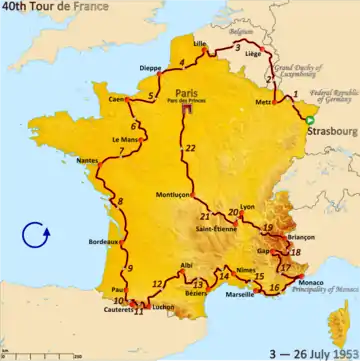 Route of the 1953 Tour de France followed counterclockwise, starting in Strasbourg and finishing in Paris