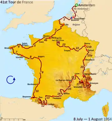 Route of the 1954 Tour de France followed counterclockwise, starting in Amsterdam and finishing in Paris