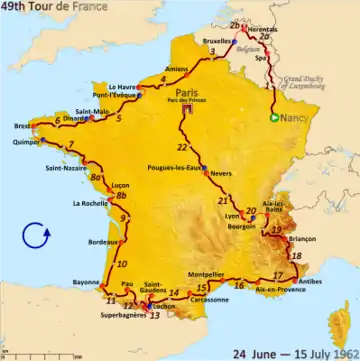 Map of France showing the path of the race starting in Nancy, moving through Luxembourg and Belgium, before an anticlockwise route around France and finishing in Paris