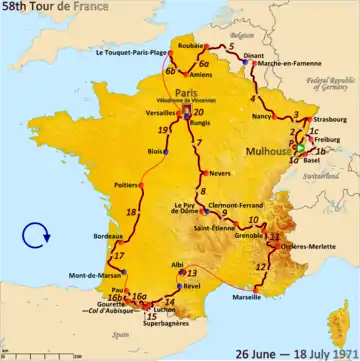 Map of France showing the path of the race starting in Mulhouse, moving through Switzerland, West Germany and Belgium, before a clockwise route around France and finishing in Paris