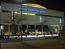 Rear facade at night seen from Concert Hall Approach, March 2010