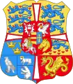 The coat of arms of King Christian X of Iceland from 1918 to 1944 and of Denmark from 1903 to 1947. Iceland is represented by the silver falcon in the lower left corner. The falcon was removed from the Danish arms in 1948.