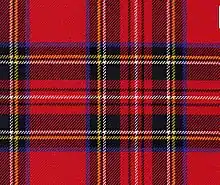 Image 59The Royal Stewart tartan. It is also the personal tartan of Queen Elizabeth II Tartan is used in clothing, such as skirts and scarves, and has also appeared on tins of Scottish shortbread. (from Culture of the United Kingdom)