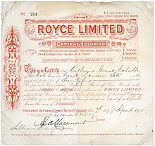 Stock certificate of the Royce Limited for 25 Preference Shares of £1 each, issued 7 April 1910, signed in original by Ernest Alexander Claremont as President. The company was incorporated on 4 June 1894 by Sir Frederick Henry Royce under the name of F. H. Royce and Co, Limited. On 17 October 1899 the company was reorganised as Royce, Limited.