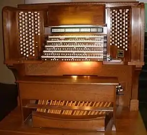 The console of the Royce Hall pipe organ