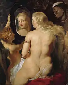 Venus at a Mirror by Peter Paul Rubens (1615). Rubens adapted the theme to his own style.