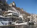 The southern end of the street, at its junction with Boulevard Champlain, with the Château Frontenac above