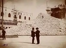 period photograph of the ruins of St Mark's campanile seen from Saint Mark's Square