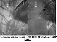 Russell Crater Dust Devil Changes in Noachis quadrangle, as seen by HiRISE. Click on image to see changes in dust devil tracks in just 3 months.