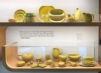 Photograph of an arrangement of American Modern pottery in chartreuse