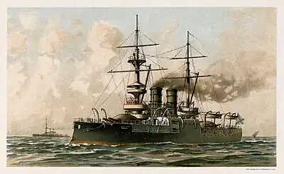 Image 18Dvenadsat ApostolovLithograph credit: Stadler and Pattinot, after Vasily Ignatius; restored by Adam CuerdenDvenadsat Apostolov was a pre-dreadnought battleship built for the Imperial Russian Navy, the sole ship of her class. Launched in 1890, she entered service with the Black Sea Fleet in 1893, taking part in the failed attempt to recapture the mutinous battleship Potemkin in 1905. Decommissioned and disarmed in 1911, she was used as a stand-in for the title ship during the 1925 filming of the Battleship Potemkin before finally being scrapped in 1931.More selected pictures