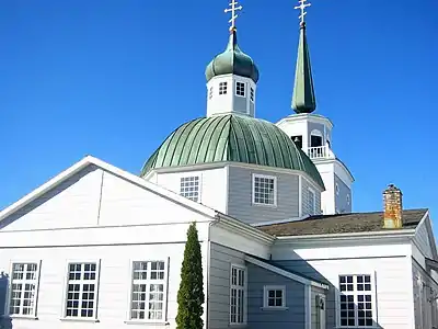 Image 3St. Michael's Cathedral in Sitka. The original structure, built in 1848, burned down in a fire on January 2, 1966. The cathedral was rebuilt from plans of the original structure and contains artifacts rescued from the fire. (from History of Alaska)