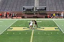 Two women, slightly hunched forward to each other, one in a black sleeveless top and short skirt and the other in a white version of the same clothing, stand in the middle of an artificial turf field with markings for gridiron football, while a third woman wearing a vertically black and white striped shirt stands just behind them with one hand between them, seen from some distance and above