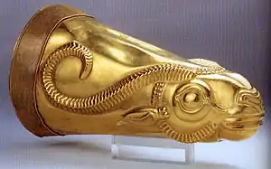 Golden rhyton (drinking vessel) from Iran's Achaemenid period, excavated at Ecbatana. Kept at the National Museum of Iran.