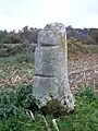 Mutilated cylindrical stone on the ancient roman road, maybe ancient milestone.