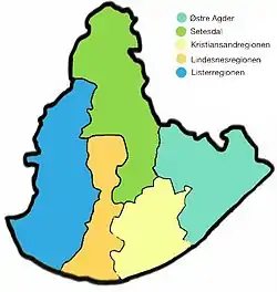 Østre Agder Region in teal, in the map of Agder.