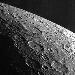 Sūr Dās and Riemenschneider craters, from MESSENGER's first flyby in January 2008