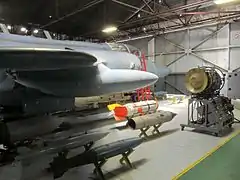 SAAF Blackburn Buccaneer on static display at Swartkop with munition loadout and its Blue Parrot radar system
