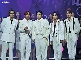 SB19 at Binibining Pilipinas 2022 in Smart Araneta Coliseum, Quezon City on July 31, 2022 From left: Pablo, Ken, Stell, Josh, and Justin