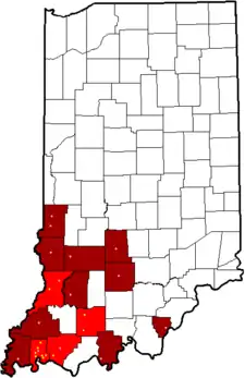 Current Southern Indiana Athletic Conference Members are in Gold inside Dubois, Knox, Vanderburgh and Warrick Counties. Former members are in pink inside Maroon Counties. The Pink dot in Vanderburgh County is Rex Mundi High School. Other former members in Dubois and Knox Counties are also pink.