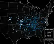 A map showing the locations and magnitudes of thunderstorm winds as reported to the Storm Prediction Center.