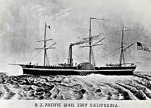 Image 12SS California (1848), the first paddle steamer to steam between Panama City and San Francisco, as part of the Pacific Mail Steamship Company. (from History of California)