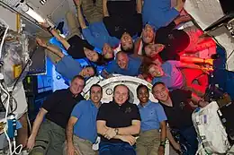 STS-131 and Expedition 23 crew members gather for a group portrait.