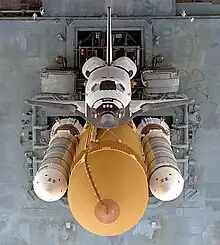 An overhead view of Atlantis as she sits atop the mobile launcher platform (MLP) before the launch of STS-79.