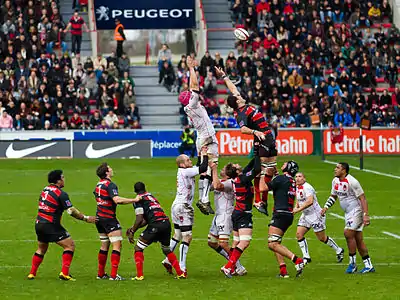 Image 17Line-outPhotograph: Pierre SelimA line-out at a rugby union match between Stade Toulousain and Lyon OU. When a player puts the ball out of the field of play, the opposing team is awarded a line-out; in the case of a penalty kick, the team that was awarded the penalty throws into the resulting line-out. A line-out is also awarded if a player in possession of the ball crosses or touches the touch-line while still in possession of the ball.More selected pictures