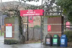 The entrance. The sign reads "Seattle U. Welcome to Championship Field" in all capital letters.