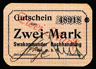 A two mark Swakopmunder Buchhandlung note issued in 1916