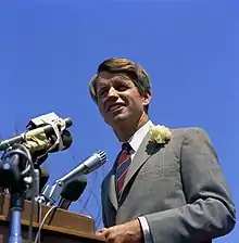 Robert F. Kennedy addresses the crowd at San Fernando Valley State College in 1968