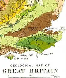 Image 53Geology of south-eastern England. The Ashdown Sands and Wadhurst Clay is in lime green (9a); the Low Weald, darker green (9). Chalk Downs, pale green (6) (from Geology of East Sussex)