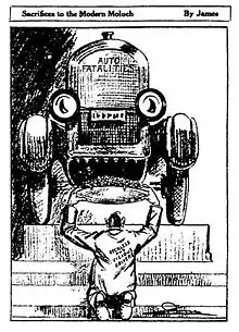 Image 31Sacrifices to the Modern Moloch, a 1922 cartoon published in The New York Times, criticizing the apparent acceptance by society of increasing automobile-related fatalities (from Road traffic safety)