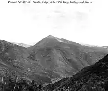 A mountain range in the distance, with one peak prominent