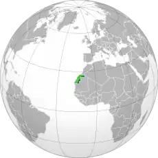 Areas controlled by the SADR in dark green, claimed but uncontrolled areas in light green