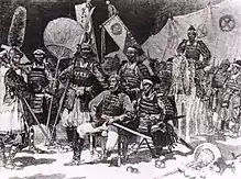 Saigō Takamori (seated, in Western uniform), surrounded by his officers, in samurai attire. News article in Le Monde illustré, 1877.