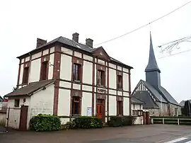 The town hall and church in Saint-Julien-de-la-Liègue