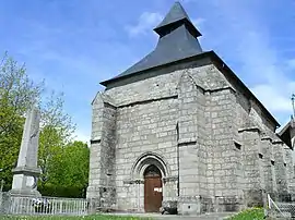 The church of Saint-Marc-Sainte-Agathe and the war memorial, in Saint-Marc-à-Loubaud