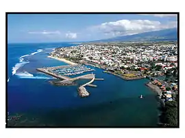 An aerial view of part of Saint-Pierre and its port