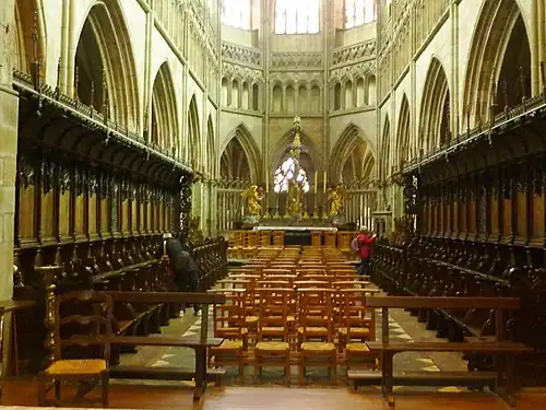 View of the cathedral choir with the famous oak stalls on either side of the approach to the main altar