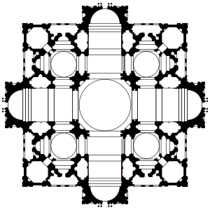 This is plan 1 of 3. The plan is based on a square, superimposed on a cross with arms of equal length. The cross makes the main sections of the church building: nave and chancel crossed by the transepts, with a circular dome over the crossing. There are four smaller domes, one in each corner of the square. The arms of the cross-project beyond the square.