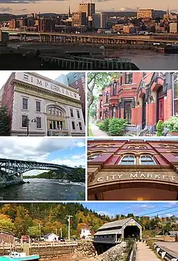 From top, left to right: Saint John skyline, Imperial Theatre, Germain Street row houses, Reversing Falls, City Market, St. Martins covered bridge